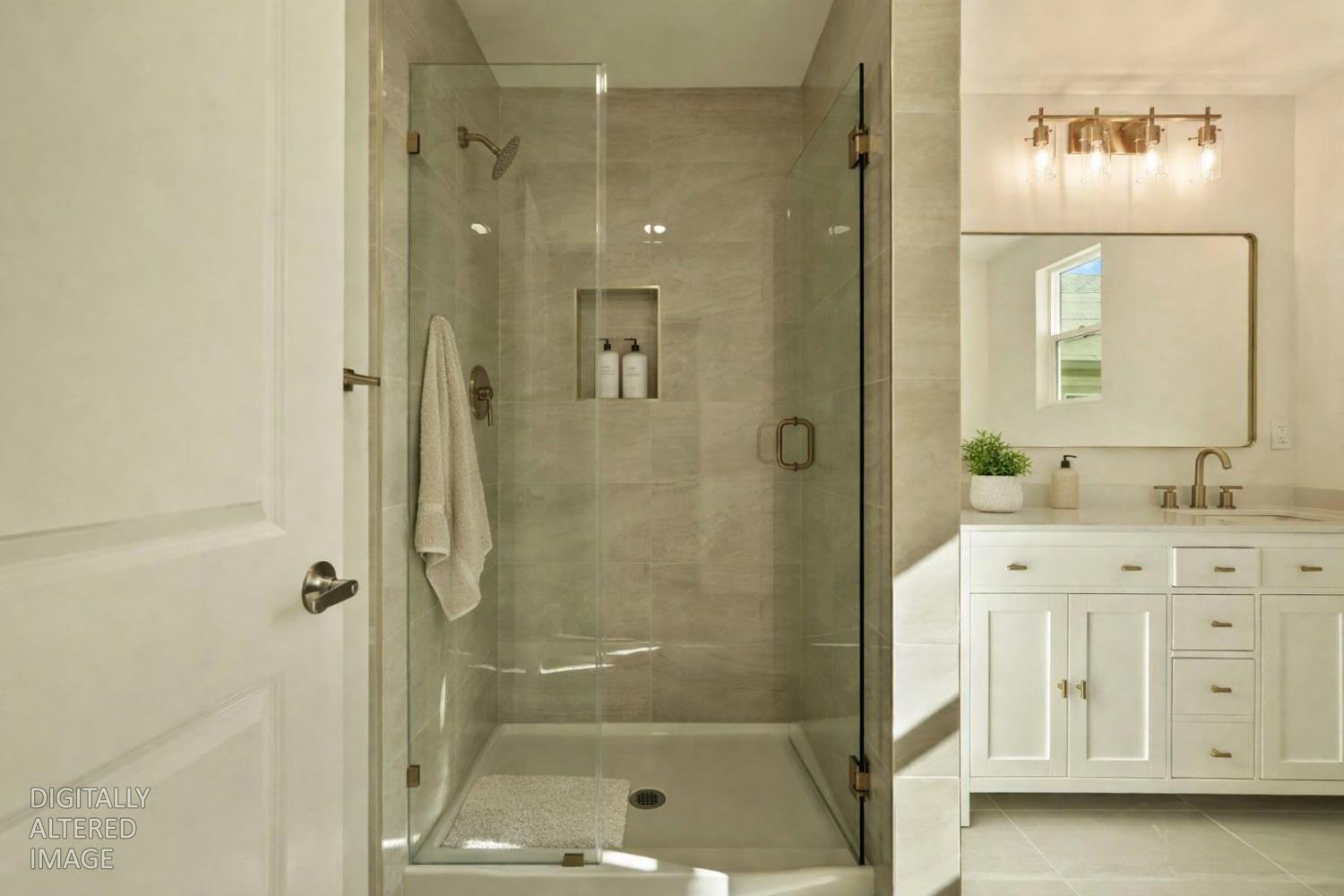 1269 B Street Walnut Grove, CA 95690 - Photo 30 of 42 a bathroom with a shower a sink and a mirror