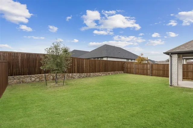 a garden view with a seating space