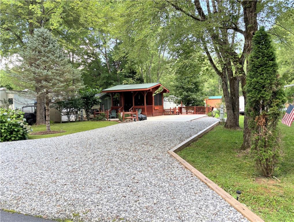 a view of a park with large trees