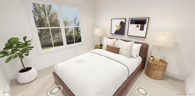 a bedroom with a bed and a large window