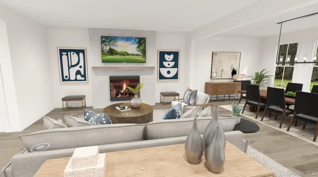 a living room with fireplace furniture and a flat screen tv