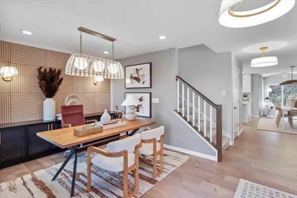 a view of a dining room with furniture