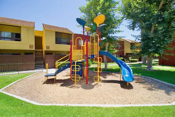 a view of a park with slide