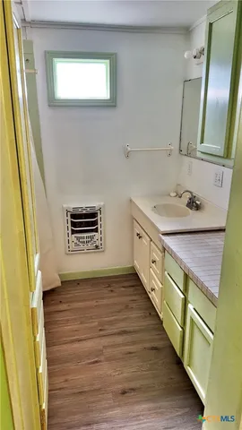 a bathroom with a sink a mirror and a shower