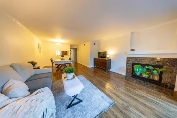 a living room with furniture and a fireplace