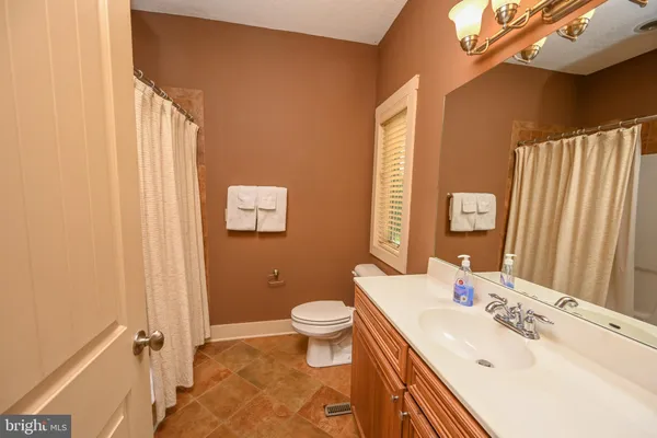 a bathroom with a sink a toilet and shower curtain