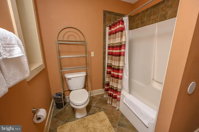 a bathroom with a toilet and a shower curtain