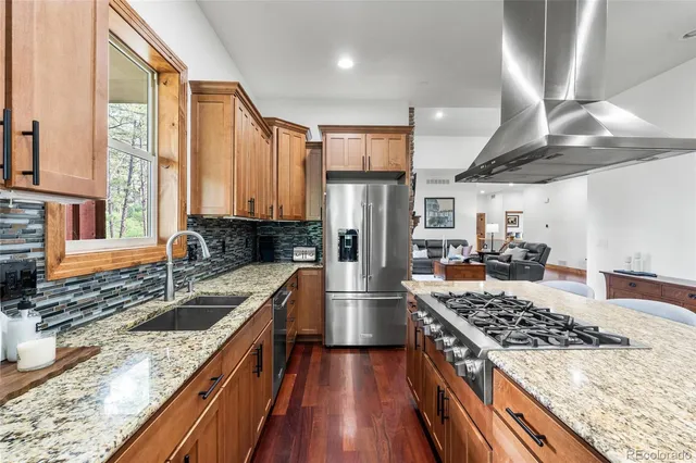 a kitchen with a stove a sink and a refrigerator