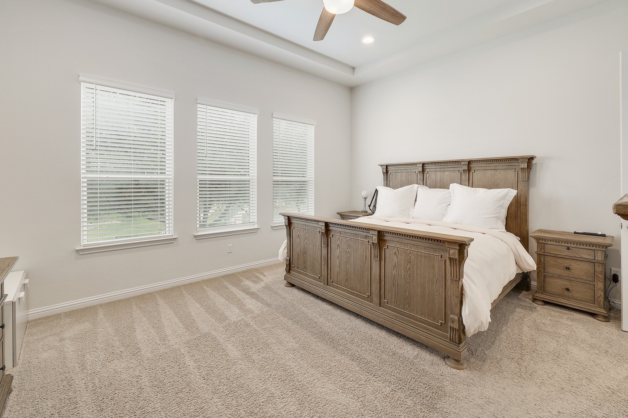 108 Argo Cove Georgetown, TX 78628 - Photo 12 of 36 Bedroom featuring light colored carpet, ceiling fan, and recessed lighting