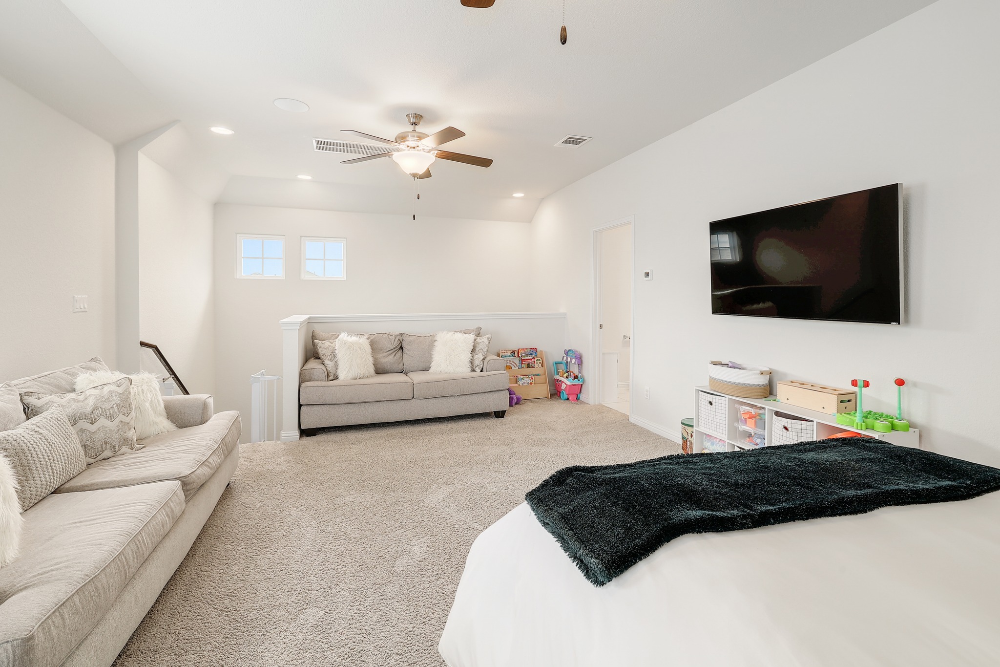 108 Argo Cove Georgetown, TX 78628 - Photo 25 of 36 Bedroom featuring carpet flooring, recessed lighting, and a ceiling fan