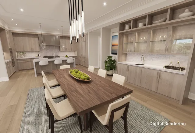 a dining room with furniture and a floor to ceiling window