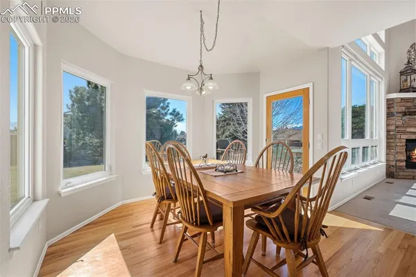 a view of a dining room with furniture window and outside view
