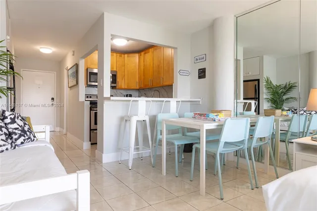 a view of a dining room with furniture