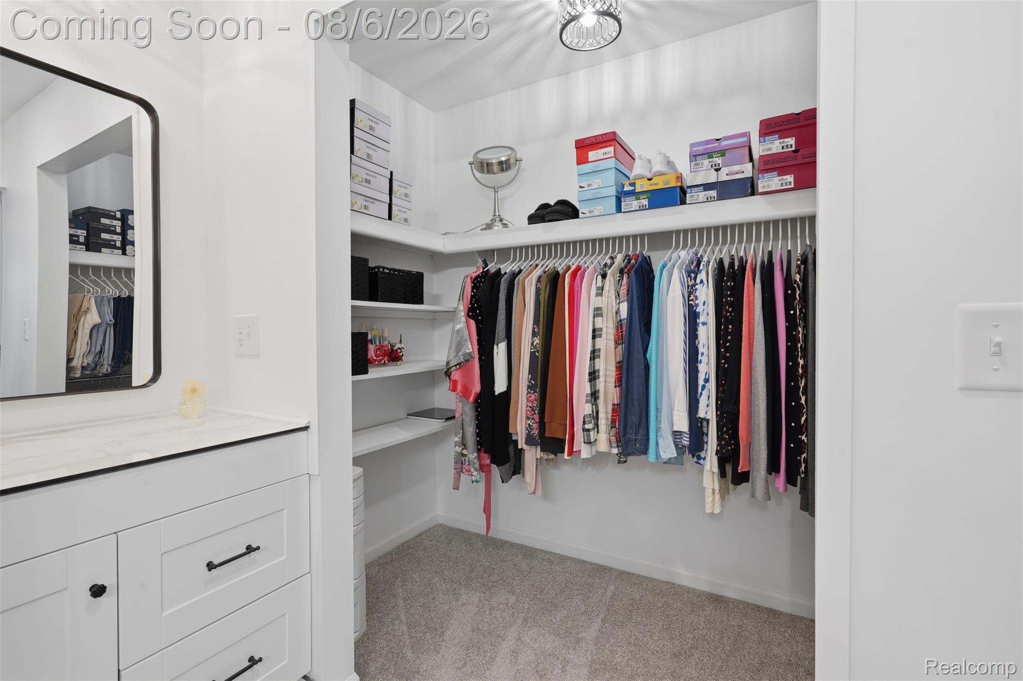 3585 Loon Lake Road Wixom, MI 48393 - Photo 16 of 40 Walk-in closet featuring built-in shelving, carpet flooring, a hanging rod system, and a built-in vanity with a stone-finish countertop