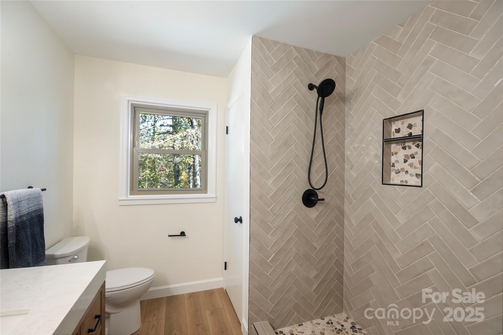 90 Joe Jenkins Road Fairview, NC 28730 - Photo 26 of 46 a bathroom with a granite countertop shower a toilet and a sink