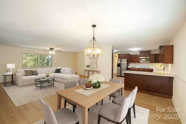 a view of a dining room with furniture window and outside view