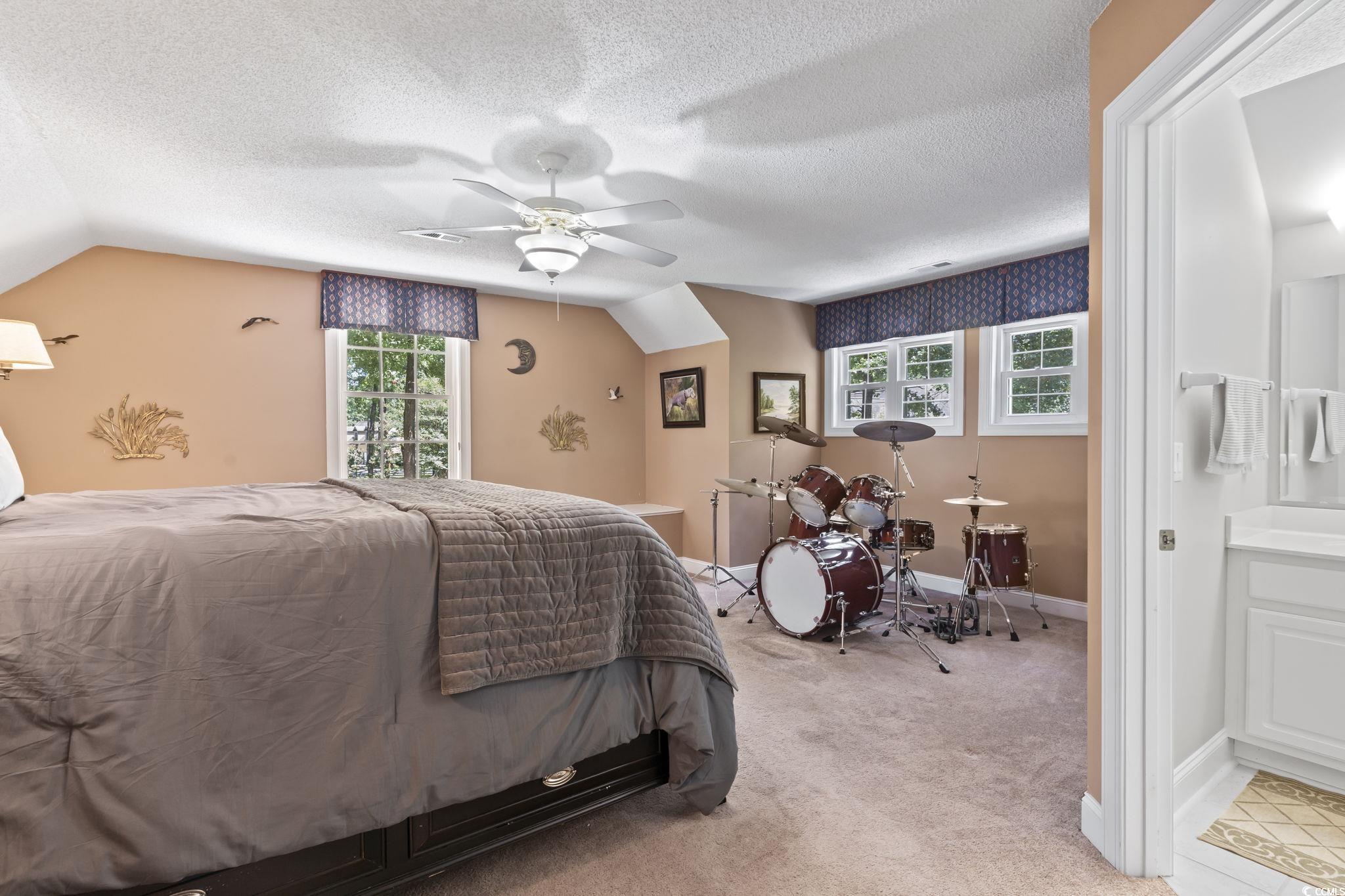 4495 Trotters Court Murrells Inlet, SC 29576 - Photo 14 of 29 Bedroom featuring light carpet, vaulted ceiling, and ceiling fan