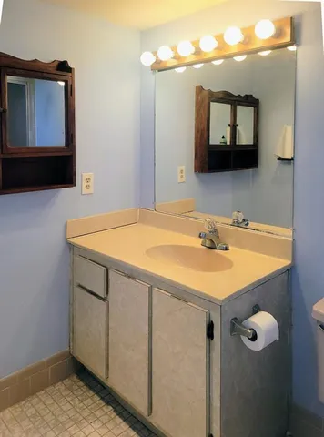 a bathroom with a sink and a mirror