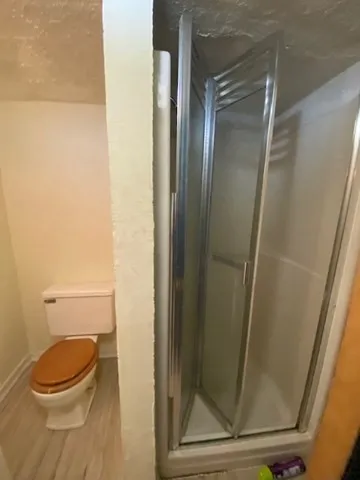 a bathroom with a toilet and a shower