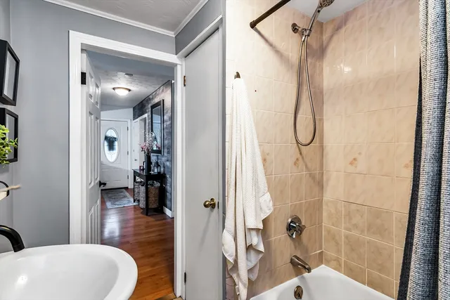 a bathroom with a bathtub and a shower