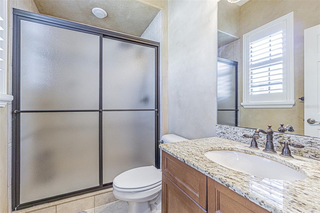 20411 Lace Cascade Road Land O Lakes, FL 34637 - Photo 26 of 44 a bathroom with a granite countertop sink toilet and shower
