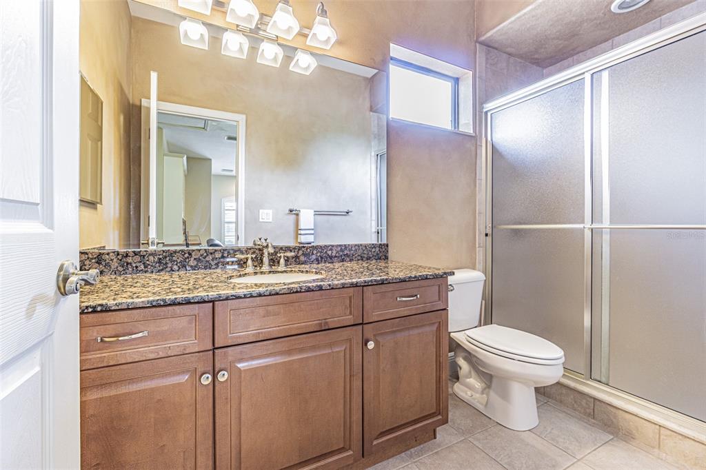 20411 Lace Cascade Road Land O Lakes, FL 34637 - Photo 29 of 44 a bathroom with a granite countertop toilet a sink and a mirror