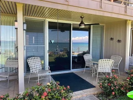 a view of a chair and tables in the patio with potted plants