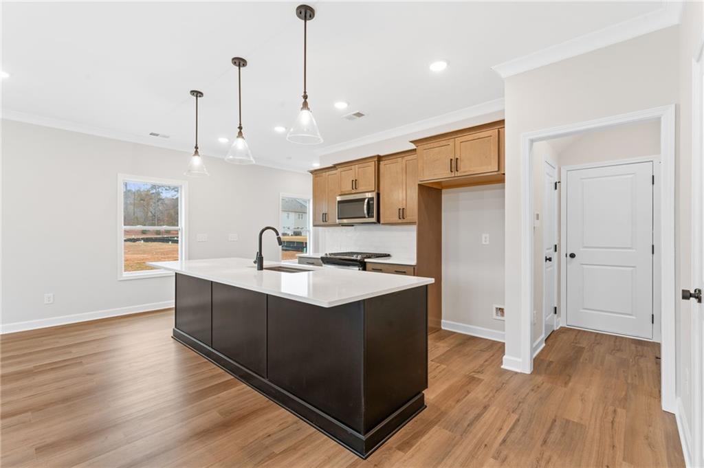 328 Colsen Drive Acworth, GA 30102 - Photo 12 of 23 a kitchen with stainless steel appliances granite countertop a sink stove and wooden floor