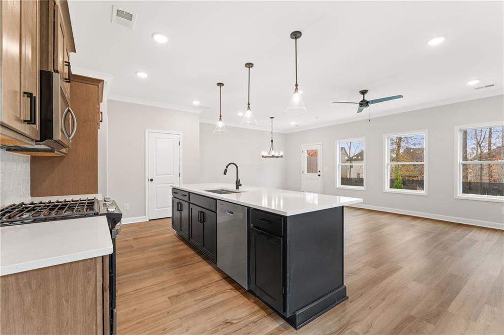 328 Colsen Drive Acworth, GA 30102 - Photo 9 of 23 a kitchen with stainless steel appliances granite countertop a sink a stove and a wooden floors
