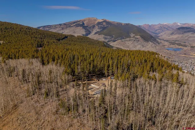 a view of a lush green field with mountains in the background