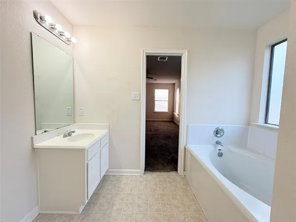 a bathroom with a tub sink and mirror