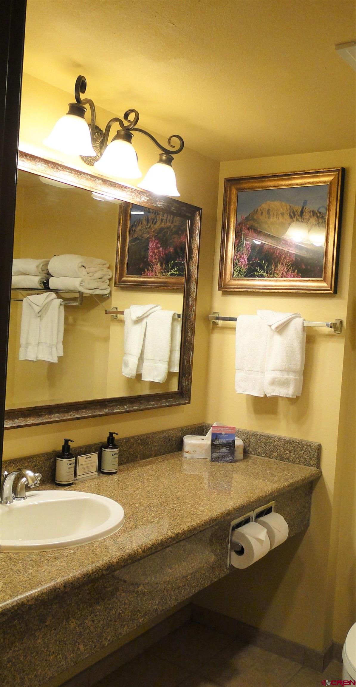 6 Emmons Road, Unit 122 Crested Butte, CO 81225 - Photo 11 of 19 a bathroom with a granite countertop sink and a mirror