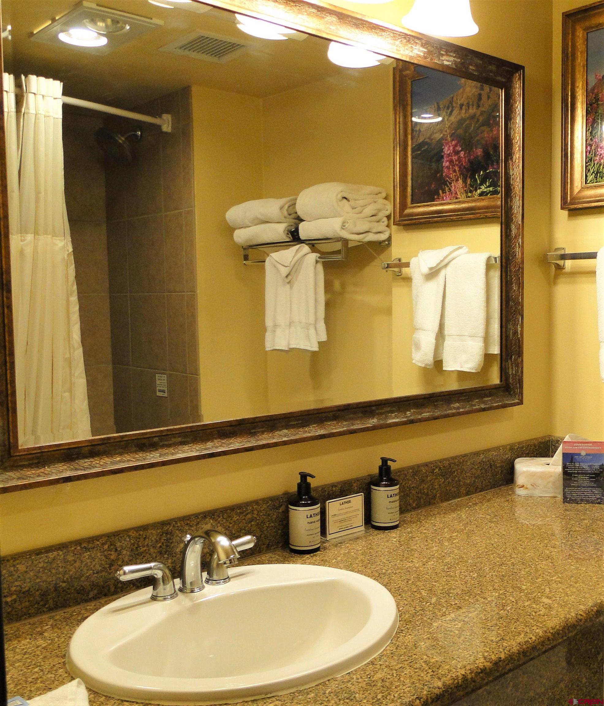 6 Emmons Road, Unit 122 Crested Butte, CO 81225 - Photo 12 of 19 a bathroom with a granite countertop sink and a mirror