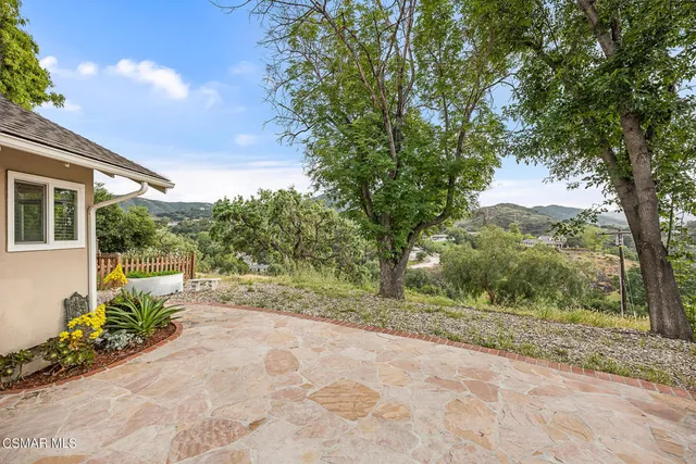 a view of a backyard with table and chairs potted plants and a large tree