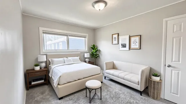 a bedroom with a bed and a couch