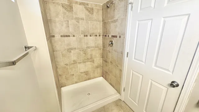 a bathroom with a shower and toilet