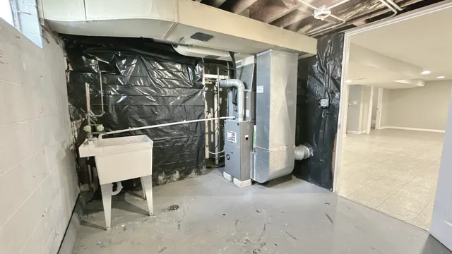 a view of a hallway with seating area