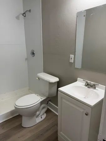 a bathroom with a sink toilet and a mirror