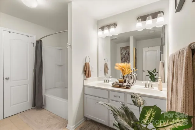 a bathroom with a bathtub sink and mirror