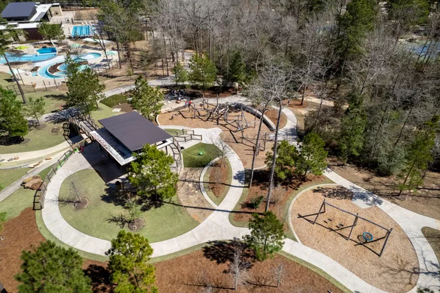 an aerial view of a swimming pool