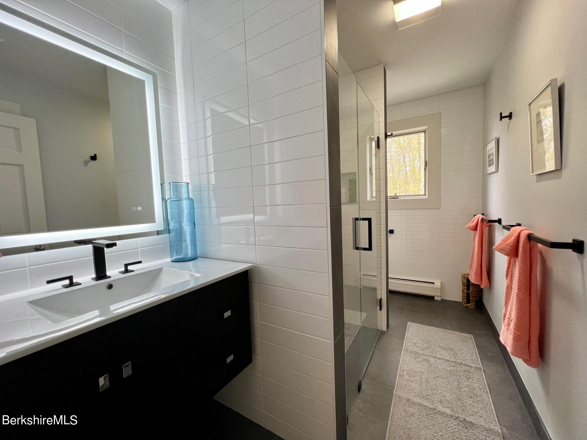 169 Mt Hunger Road Monterey, MA 01245 - Photo 34 of 51 a bathroom with a double vanity sink a mirror and a shower