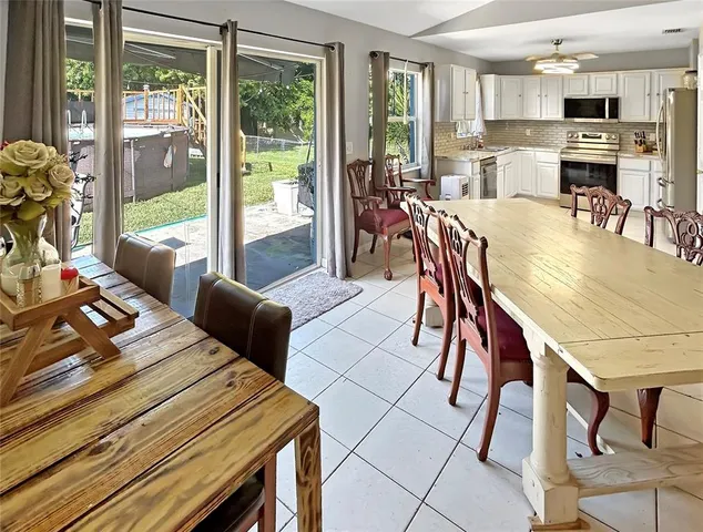 a view of a dining room with furniture window and outside view