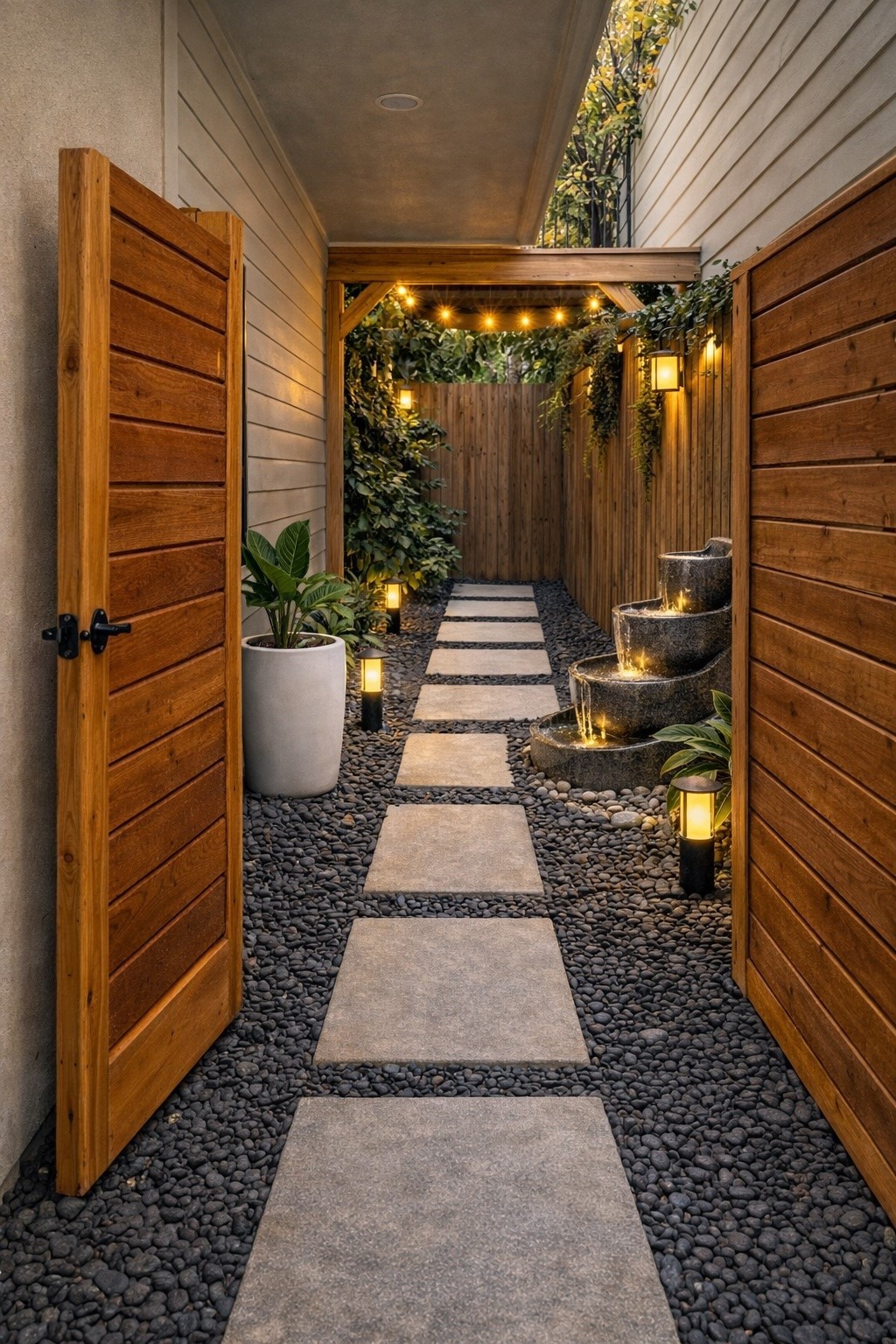 906 Reinerman Street Houston, TX 77007 - Photo 24 of 48 This inviting outdoor space features a charming stone pathway with ambient lighting, surrounded by lush greenery and a cascading water feature, leading to a cozy, well-lit entrance (virtual staging)