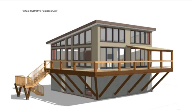 a view of a house with wooden deck