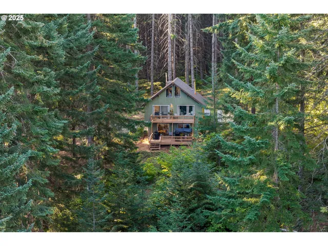 a view of a house with a small yard and large trees
