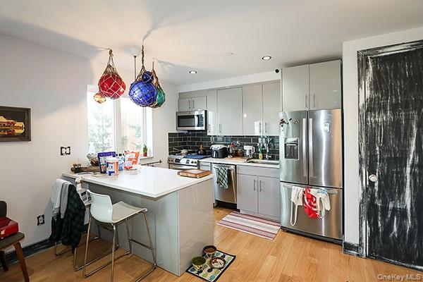 63-34 Fresh Pond Road, Unit 5C Queens, NY 11385 - Photo 8 of 29 Kitchen with gray cabinets, stainless steel appliances, light countertops, a kitchen breakfast bar, and a peninsula