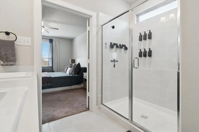 a living room with a bath tub and shower