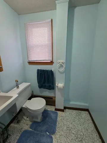 a bathroom with a toilet a sink and a window