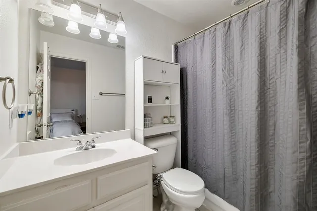 a bathroom with a sink a toilet a mirror a vanity and shower