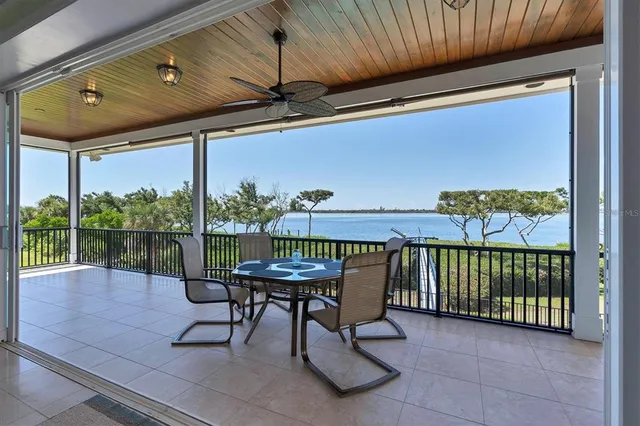 a balcony with furniture and a potted plant